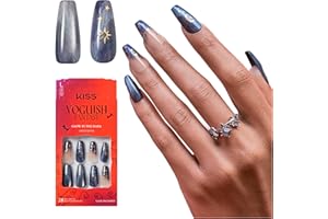 KISS Voguish Fantasy Halloween Press On Nails, ‘Evil Ways’, Dark Blue, Long Coffin, Glow In The Dark, Magnetic Powder Effect, Pink Gel Nail Glue (2g), 28 Fake Nails