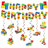 Building Block Birthday Decorations Happy Birthday Banner Hanging Swirls | Colorful Block Hanging Swirls,Building Block Theme Birthday Decor,Baby Shower,Home Ceiling Decorations, Party Supplies Favors
