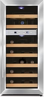 CASO WineDuett 21 | Weinkühlschrank für 21 Flaschen Rotwein | 2 Zonen für 7-18°C und 10-18°C, LED, 9 Böden aus Holz, UV-Filterglas, Edelstahl