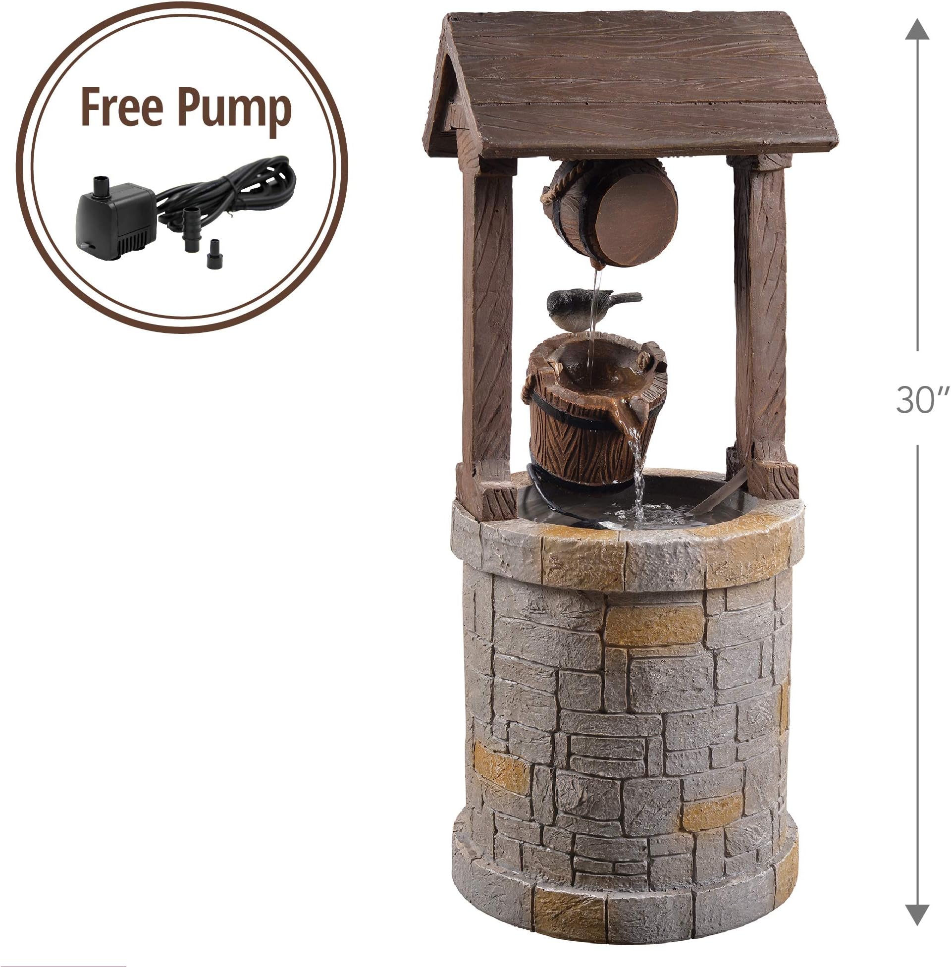Peaktop - Outdoor Wishing Well Fountain - 30"/ Wood/ Stone