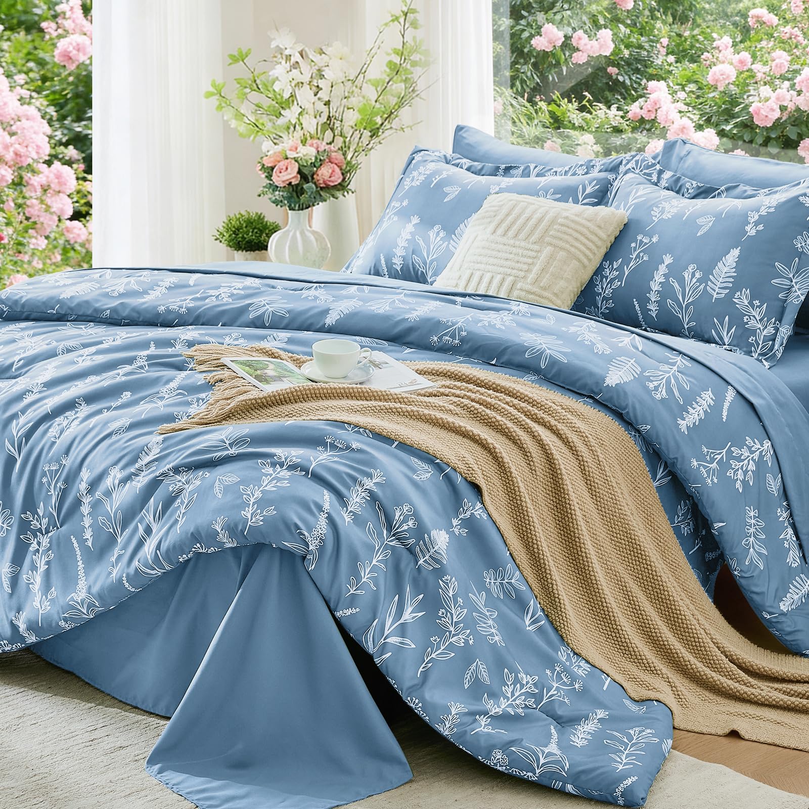 MUXHOMO Ice Blue Bed in a Bag Queen 7 Pieces, Queen Comforter Set Reversible Botanical Flowers Design, Ultra Soft & Breathable Bedding Sets with Comforter, Sheets, Pillowcases & Shams