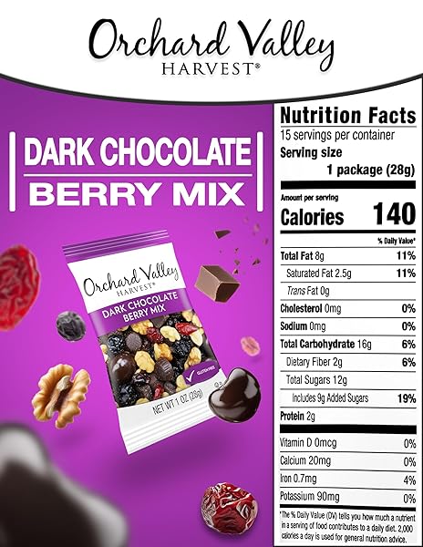 ORCHARD VALLEY HARVEST DARK CHOCOLATE BERRY MIX, 1OZ SNACK PACKS 15 COUNT – WALNUTS, SWEETENED CRANBERRIES, DARK CHOCOLATE CHERRIES, BLUEBERRIES, GLUTEN-FREE, 2G FIBER, CHOCOLATE COVERED BERRIES