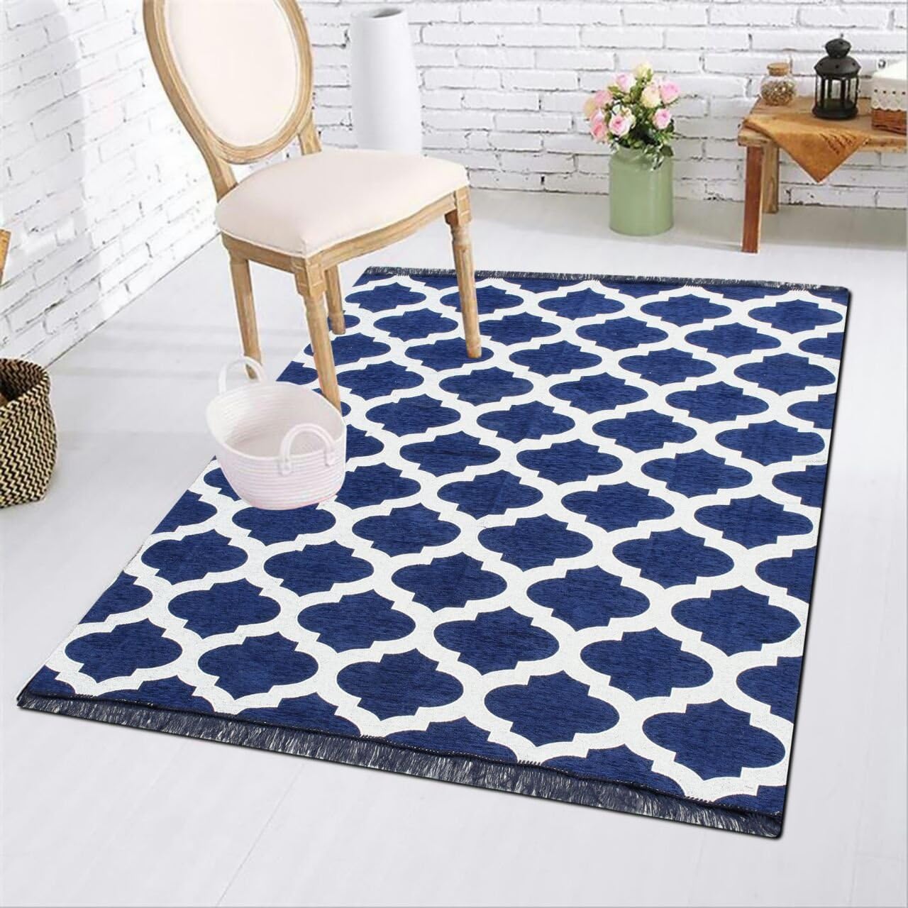 Magnetic Shadow Velvet Touch Chenille Carpet for Living Room Dining Hall Floor Mats Cross 6 Feet X 9 Feet (Navy Blue)