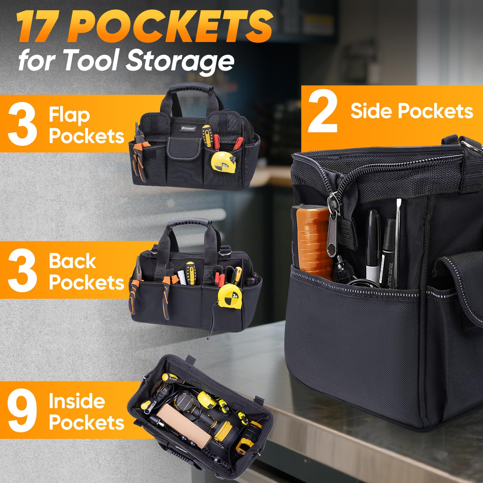 TICONN Heavy Duty Tool Bag with Multi-Pockets, Portable Tool Box Organizer Storage Bag, with Adjustable Shoulder Strap and Ergonomic Handle (Black, 16