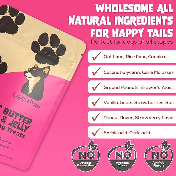 UGGIEBEAR GRAIN FREE, ALL NATURAL, PEANUT BUTTER & JELLY FLAVORED, HEALTHY LOW CALORIE DOG TREATS, MADE IN THE USA