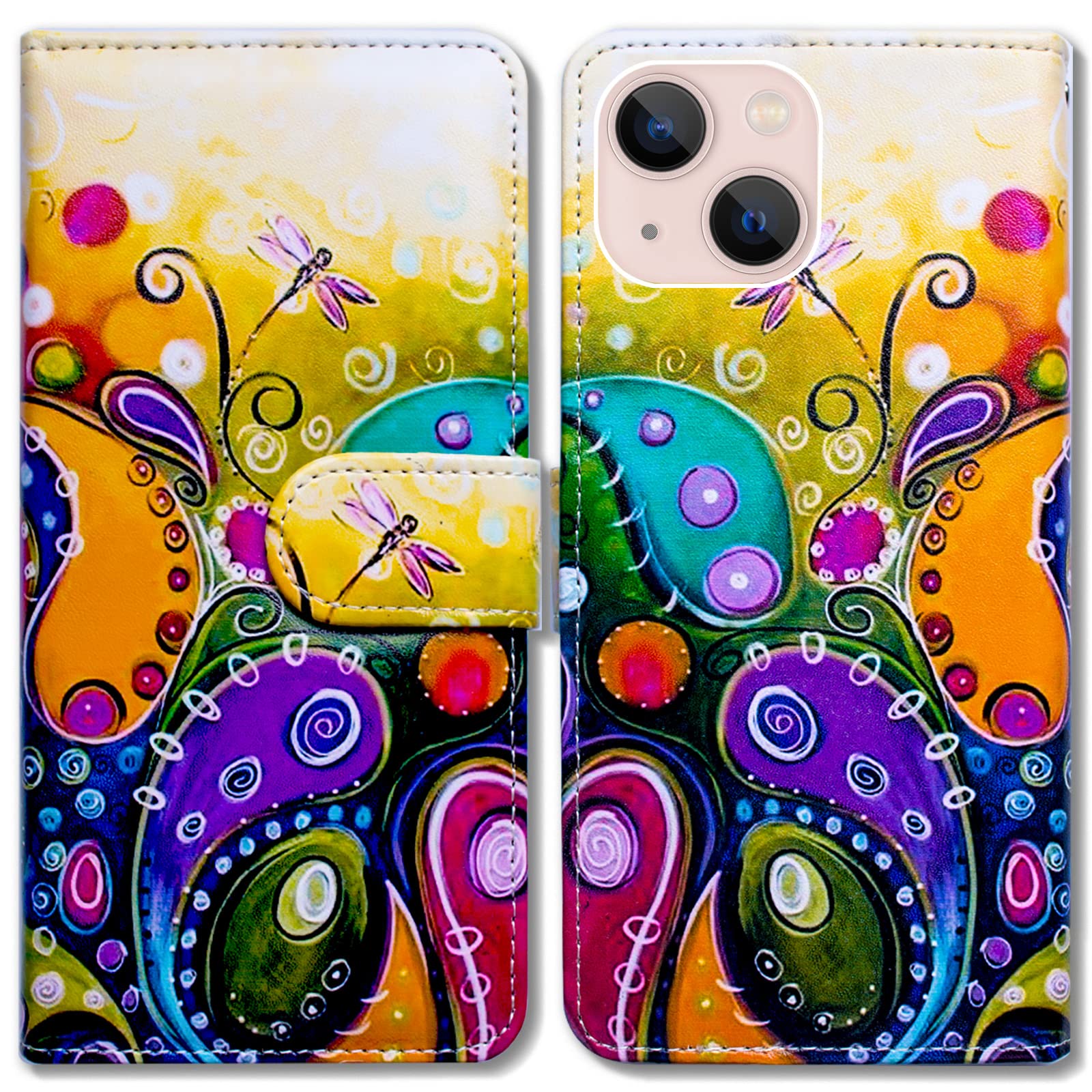 Bcov iPhone 14 Plus Case, Colorful Dragonfly Leather Flip Phone Case Wallet Cover with Card Slot Holder Kickstand For iPhone 14 Plus