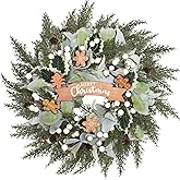 Lunmon Christmas Gingerbread Wreath for Front Door 14 Inch Gingerbread Christmas Decoration Artificial Welcome Sign Wreaths with Lamb's Ear Leaves Holly Leaves Berry for Winter Farmhouse Holiday Decor