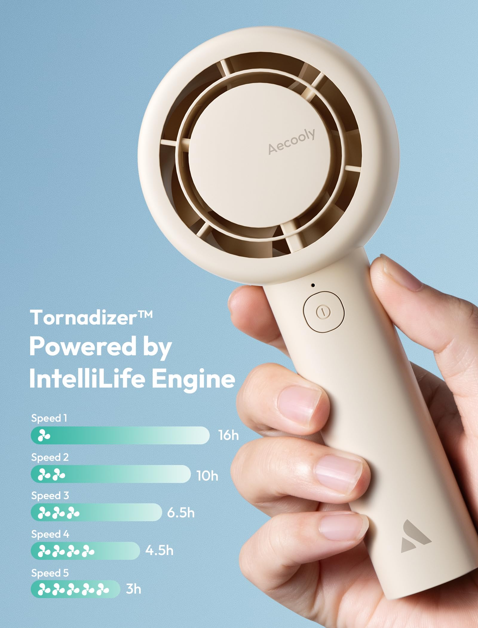 Aecooly Portable Handheld Turbo Fan [16H Max Cooling Time], 5 Speeds USB Rechargeable Mini Personal Battery Operated Small Pocket Cooling Fan GIfts for Women, Travel, Home, Office, Beach, Lash -Beige