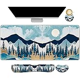 ARTSO Large Gaming Mouse Pad Set, Keyboard Wrist Rest Support + Mouse Wrist Cushion + Extended Mousepad + Coaster, 35x15.5in Multifunctional Desk Mat, Abstract Mountain