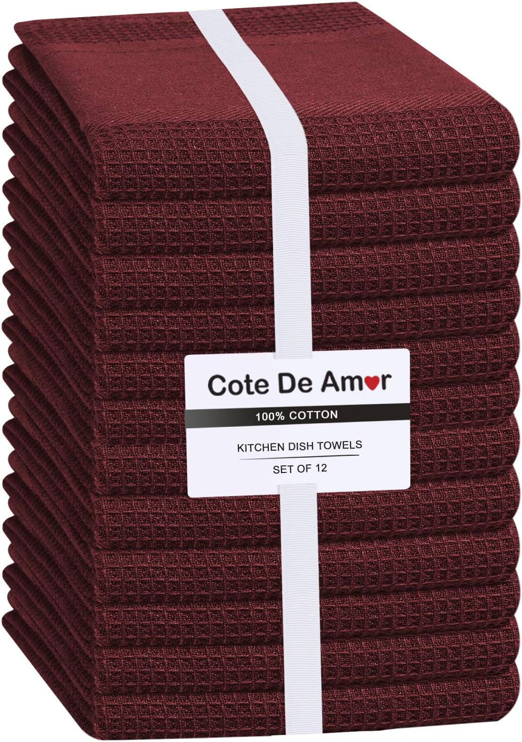 Linen Hub 12 Pack Kitchen Dish Towels 100% Cotton 16x26 Absorbent Durable Washable, Tea Towels, Dish Cloths, Bar Towels, Cleaning Towels, Kitchen Towels with Hanging Loop, Burgundy