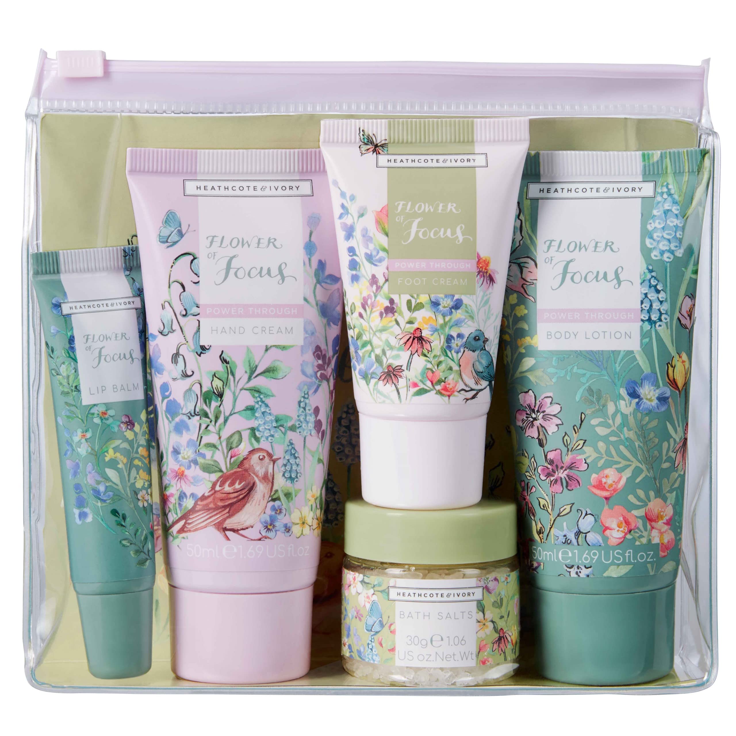 Heathcote & Ivory Hand Cream, Body Lotion 50ml, Foot Cream 30ml, Bath Salts 30g, Lip Balm 10ml, Shea Butter, Essential Oils, Reusable Bag, Travel Size, Vegan and Cruelty Friendly, Gift For Her