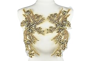 YOOGCORETT 1 Pair 3D Rhinestone Beaded lace Applique Flowers Patch Sew on Embroidery Trim Applique for Bride Wedding Decor Applique, Gold 11.8 x 7 Inch