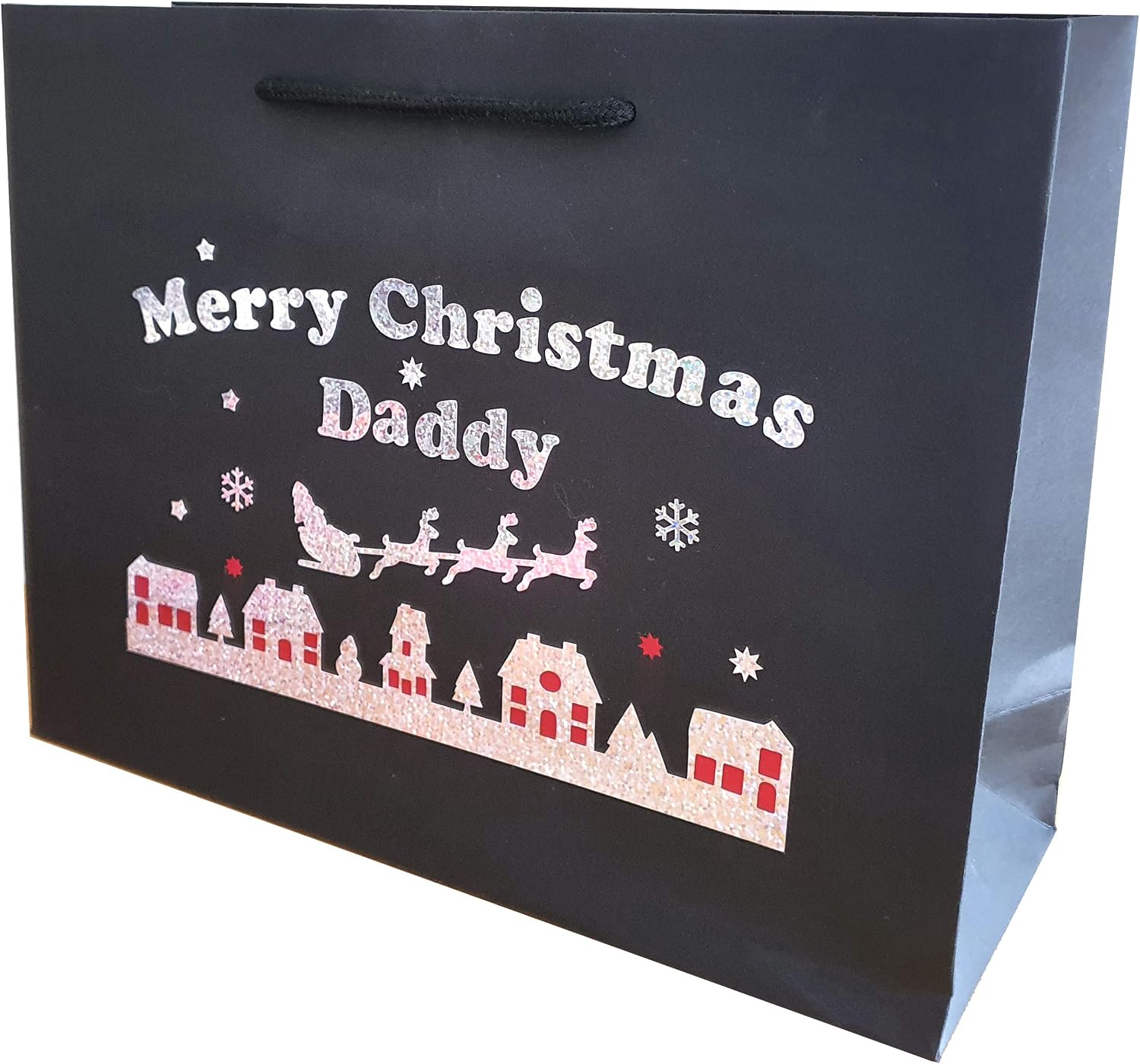 Large Daddy Christmas Holographic Gift Bags Wrap with Santa and Sleigh, Holographic,Silver,Black