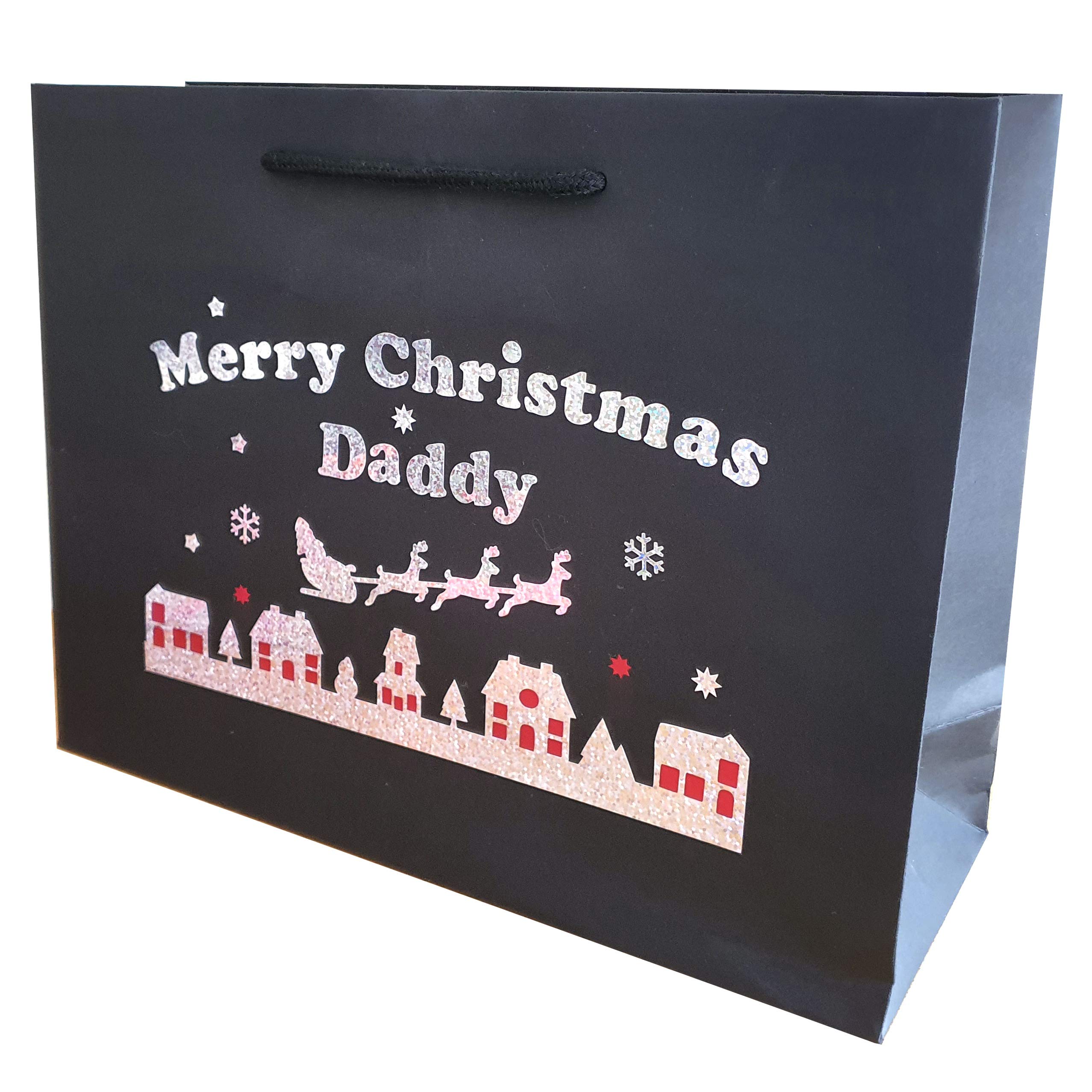 Large Daddy Christmas Holographic Gift Bags Wrap with Santa and Sleigh