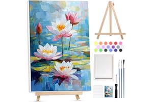 Bowetile Framed Paint by Numbers for Adults Beginners with Wooden Easel, Flowers Lotus Adults' Paint-by-Number Kits on Canvas
