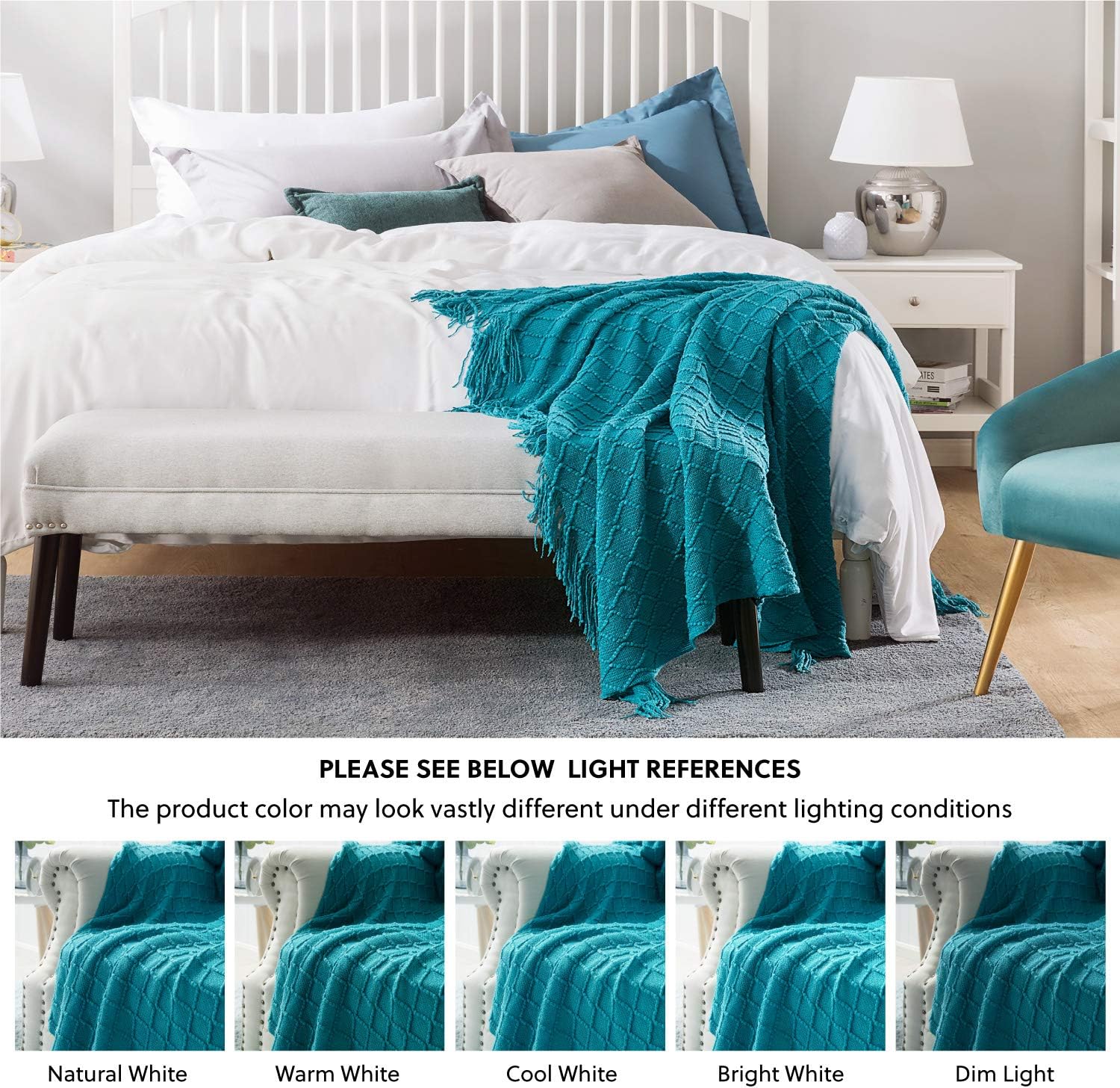 Bedsure 100% Acrylic Knit Throw Blanket, 50×60 Inch - Soft Warm Cozy Lightweight Decorative Blanket with Tassels for Couch, Bed, Sofa, Travel - Teal Turquoise Aqua Throw Blanket: Home & Kitchen