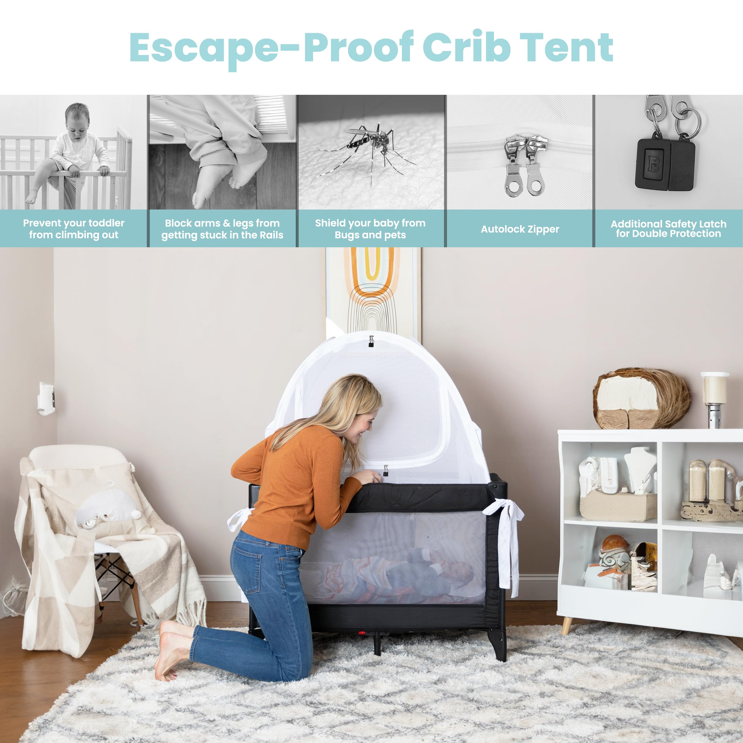 Condition photo showing As Is for mini crib and pack and play tent, net canopy to keep baby from climbing out, breathable mesh with auto-lock zipper and latch, safety tent for travel and sleep (mosquiteros para cunas de bebes)