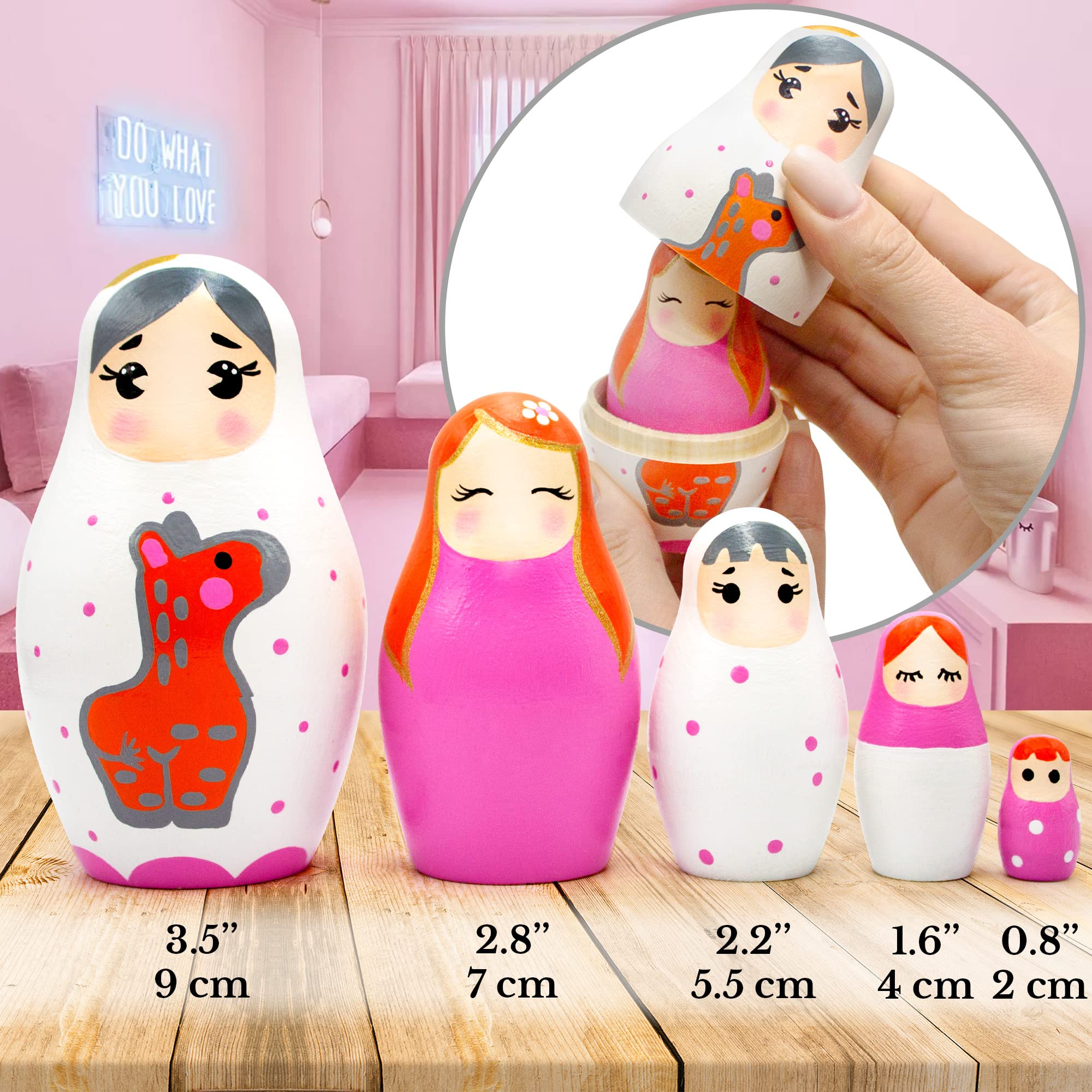 AEVVV Pink Russian Nesting Dolls for Set of 5 pcs - Kawaii Items - Russian Dolls Pink Room Decor - Polka Dots Matryoshka Doll - Pink Gifts