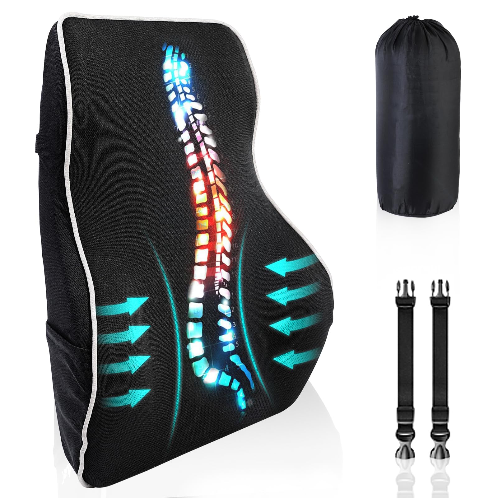 Tsubomi Lumbar Support Pillow for Office Chair, Memory Foam Back Support Cushion, Lumbar Support Cushion with Adjustable Dual Straps, Storage Bag, 3D Mesh, Washable Cover, Black