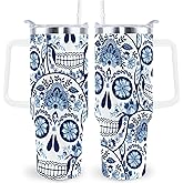 sxmluedn Goth Gifts Goth Tumbler Halloween Tumbler 40 Oz Sugar Skull Gifts Cup For Women Men Spooky Skeleton Travel Mug with Handle Lid and Straw