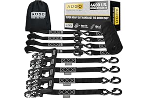 AUGO Heavy Duty Ratchet Straps & Soft Loops – Pack of 4 Extra Strong 1.5” by 10’ Ratchet Straps w/S-Hook Safety Latches & 4 Soft Loop Tie Downs – 4400Lb Break Strength for Motorcycles, ATVs, Etc.