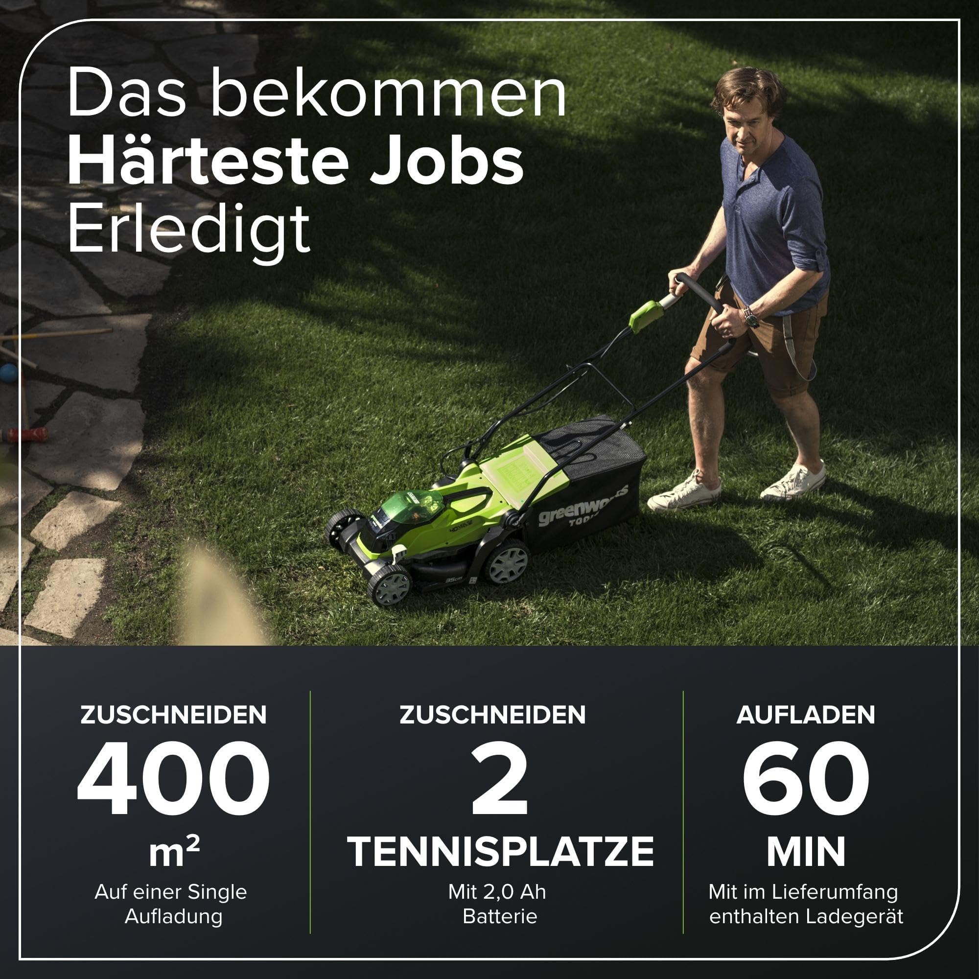 Greenworks 40V Kabelloser Akku Rasenmäher für Flächen bis zu 200 m², 35 cm Schnittbreite, 40-Liter-Sack PLUS 40 V 2Ah-Akku & Ladegerät, 3 Jahre Garantie-G40LM35K2 3