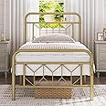 Yaheetech Metal Platform Bed Frame Mattress Foundation with Diamond Pattern Headboard/Footboard/Heavy Duty Steel Slat Support/Under Bed Storage/No Box Spring Needed/Twin Size Antique Gold