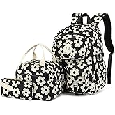 Lrenagao 3Pcs Corduroy School Backpack for Girls, Kids Large Capacity School Bag Bookbags Set with Lunch Box and Pencil Bag (Corduroy Flowers Black)