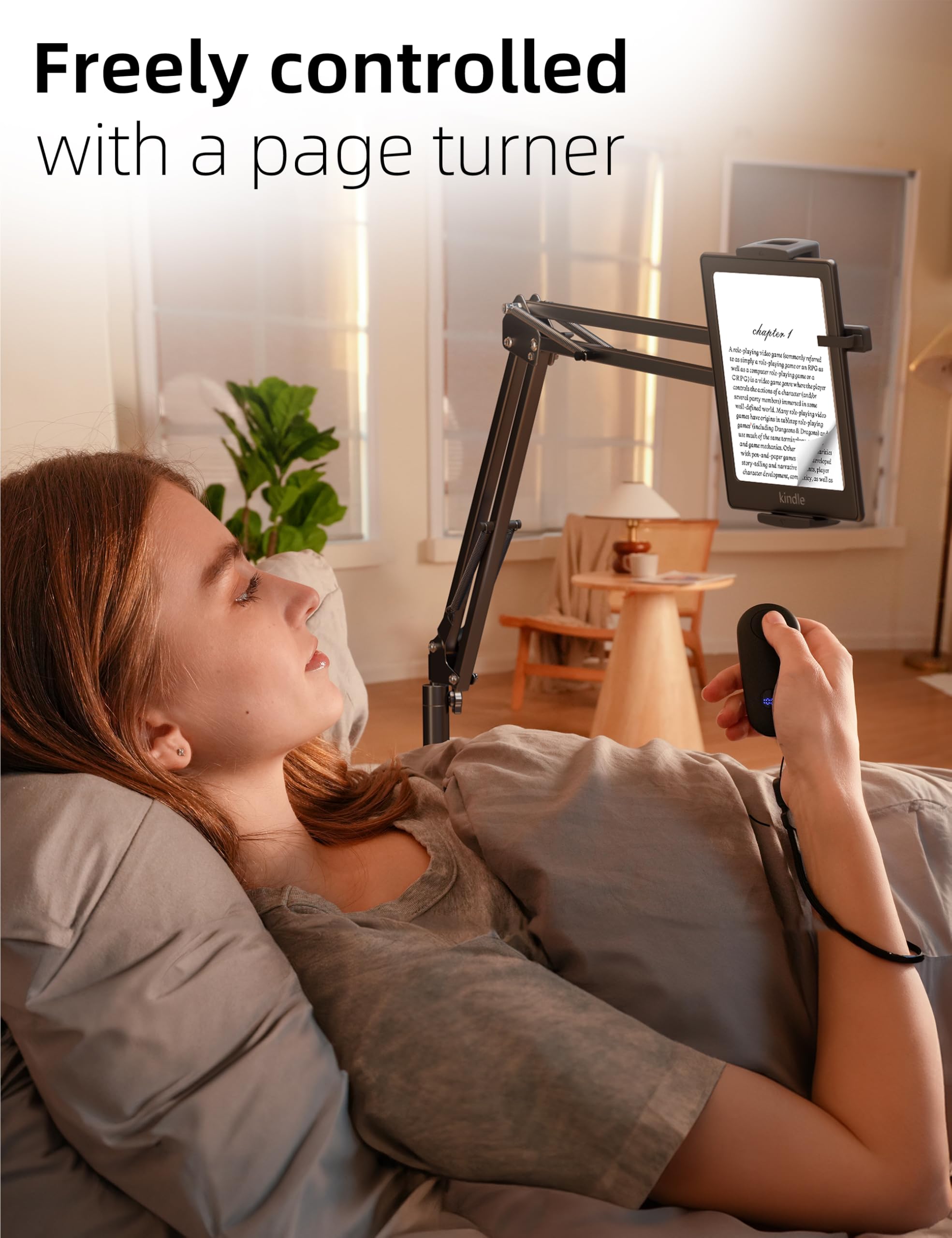 VOLTIFYMAX Floor Stand Kindle Holder with Remote Page Turner for Reading in Bed, Tablet Mount with Clicker, Kindle Accessories Tablet Stand Holder for Kindles Tablets iPhones 4.7-12.9 inch(Black)
