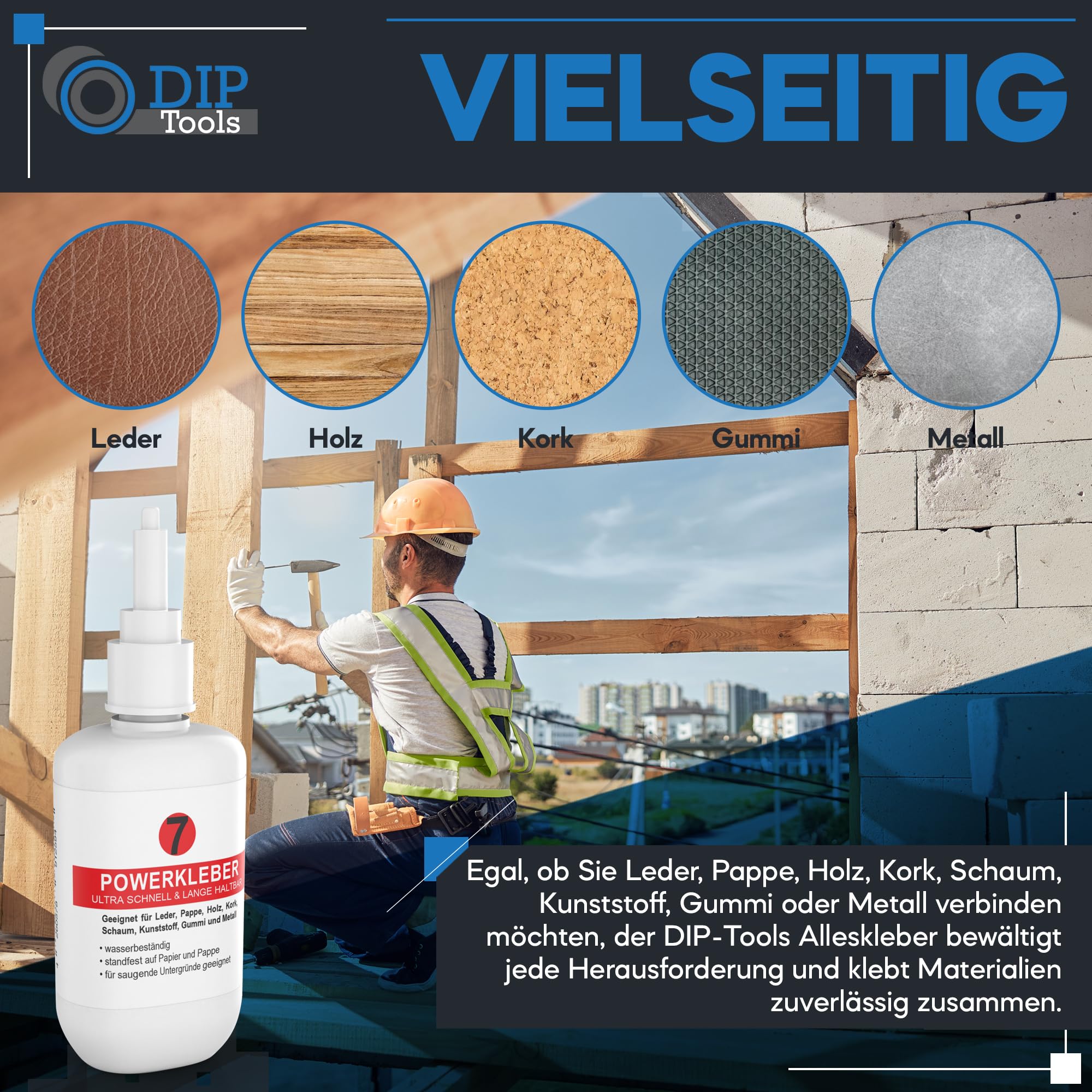 DIP-Tools Powerkleber 50g I schnelltrocknend und lange haltbar, Hochleistungskleber Kleber extra stark, für Leder, Pappe Holz Kork Schaum Kunststoff Gummi Metall, Kunststoffkleber Metallkleber 4