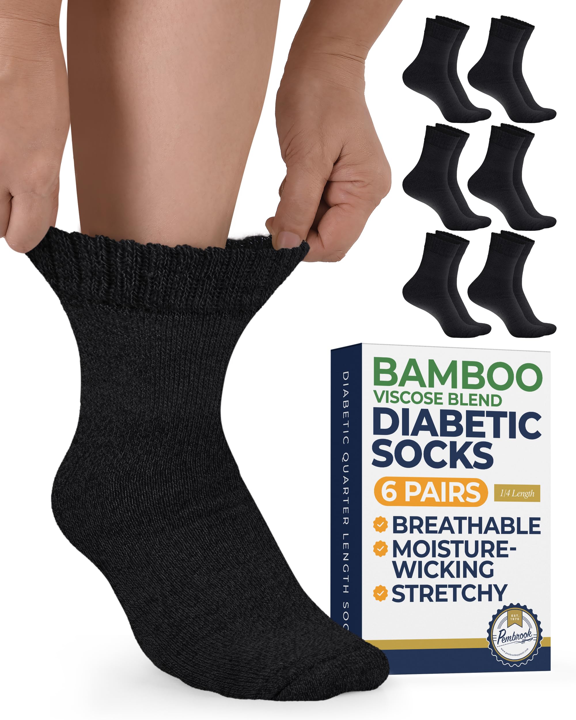 Photo 1 of Pembrook Bamboo Viscose Diabetic Socks for Women & Men - 6 Pairs Ankle Socks for Swollen Feet | Neuropathy Socks | Ankle Neuropathy Socks for Men | Stretch Top Mens Diabetic Socks | Black