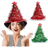 JenPen 2 Pieces Christmas Santa Hats Christmas Tree Tinsel Xmas Tree Hat Costume Accessories Red Green Glitter for Costume Adults
