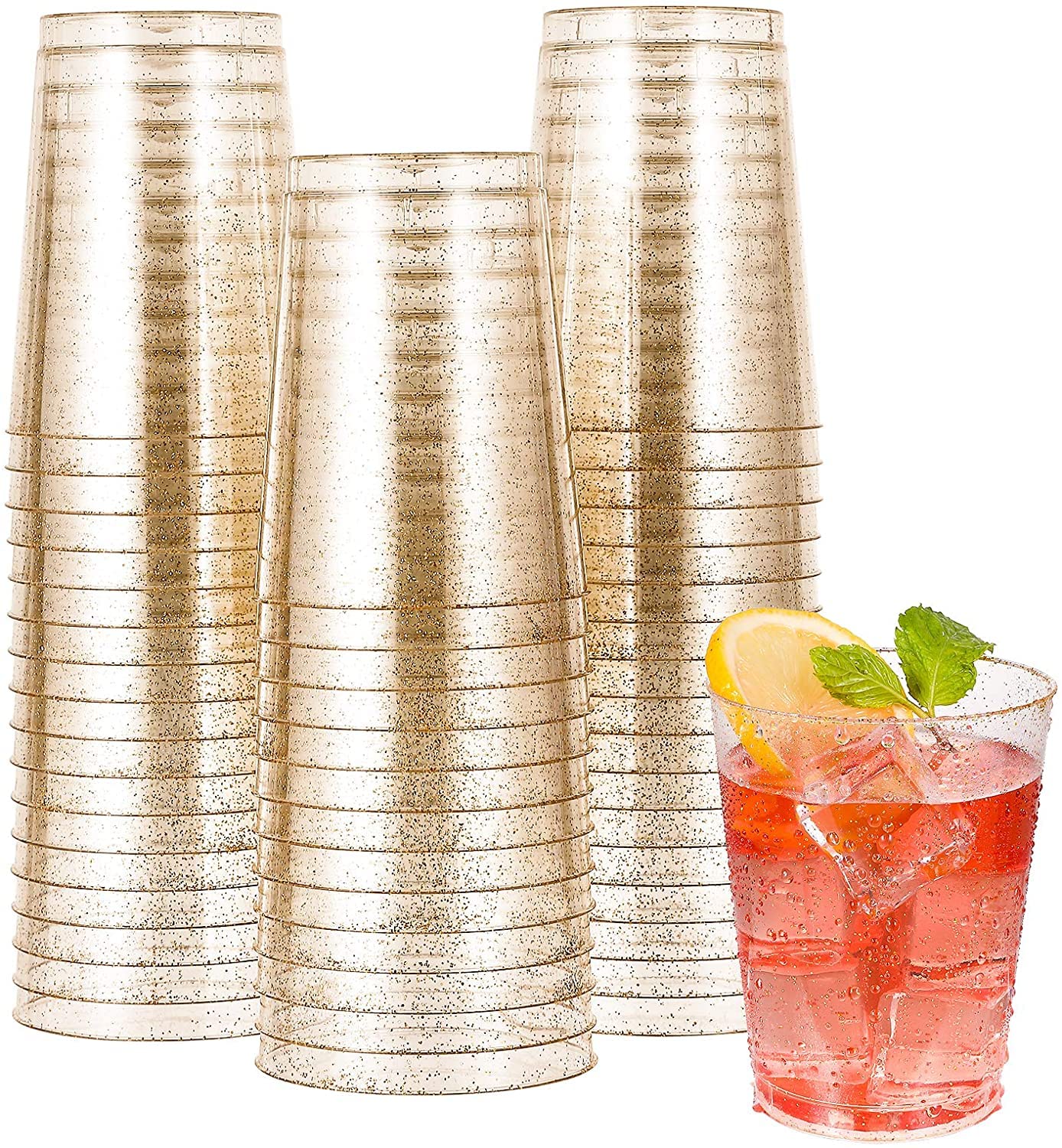 KAHEIGN 50Pcs Clear Plastic Cups, 300ml Gold Glitter Plastic Tumblers Reusable Drink Cups Elegant Party Wine Glasses for Cocktail Champagne Beer Martini Soda Dessert (9.5 x 7.5cm)