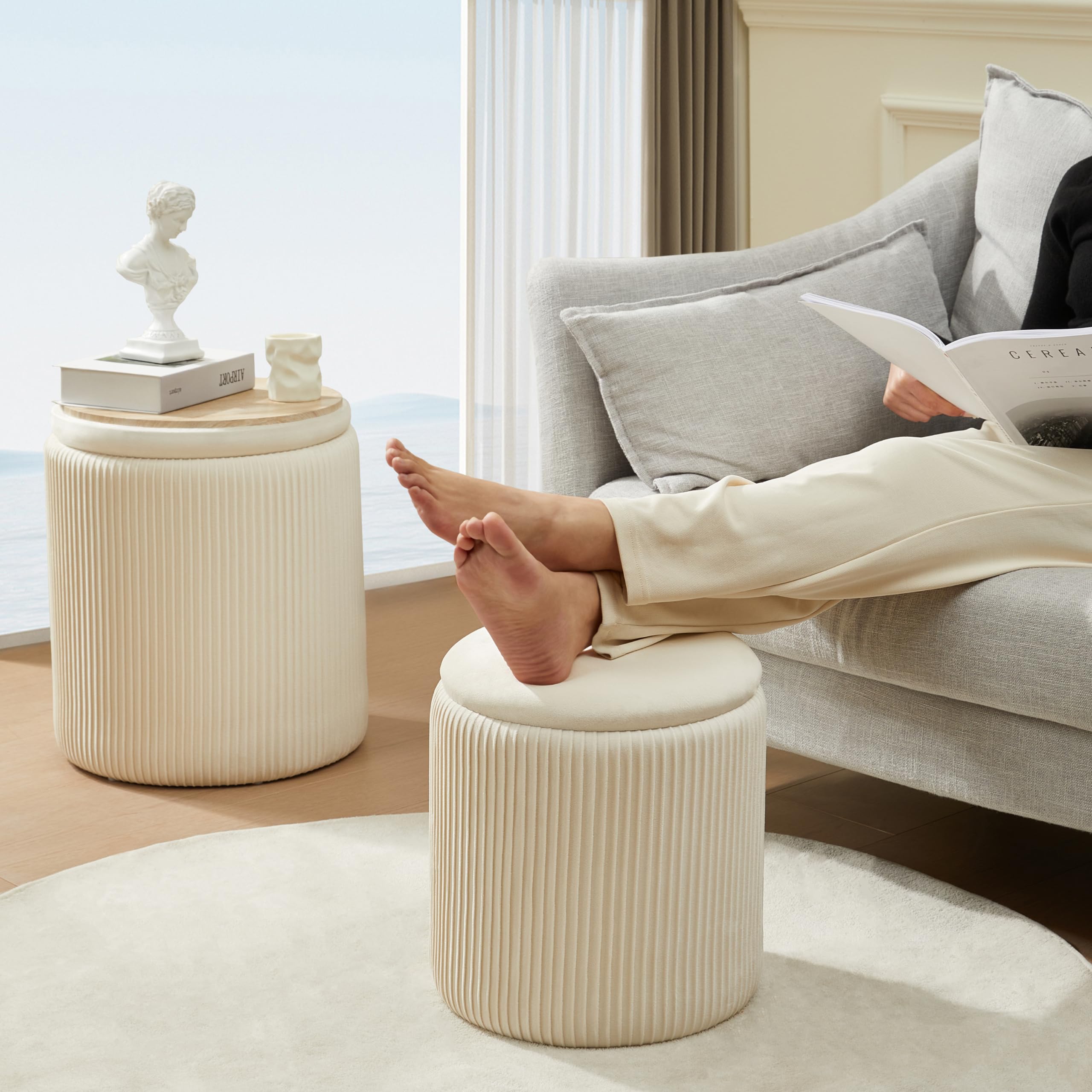 Chilihom Round Ottoman with Storage Set of 2 Upholstered Velvet Vanity Stool for Makeup Lines Support 300lbs Ottomans Multifunctional Foot Rest Coffee Table Padded Seat for Living Room&Bedroom-Beige - Image 4