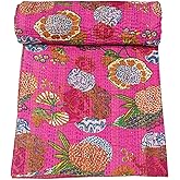 Marubhumi Indian Handmade Stitched Pure Cotton Fruit Print Kantha Quilt, Reversible Kantha Quilt (Queen Pink, Twin (60"x 90"))