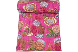 Marubhumi Quilts Indian Handmade Indian Traditional Blankets, Reversible, Jungle Print Vintage Kantha Quilt, Comforter, Queen Pink - Queen 90 x 108 Inches