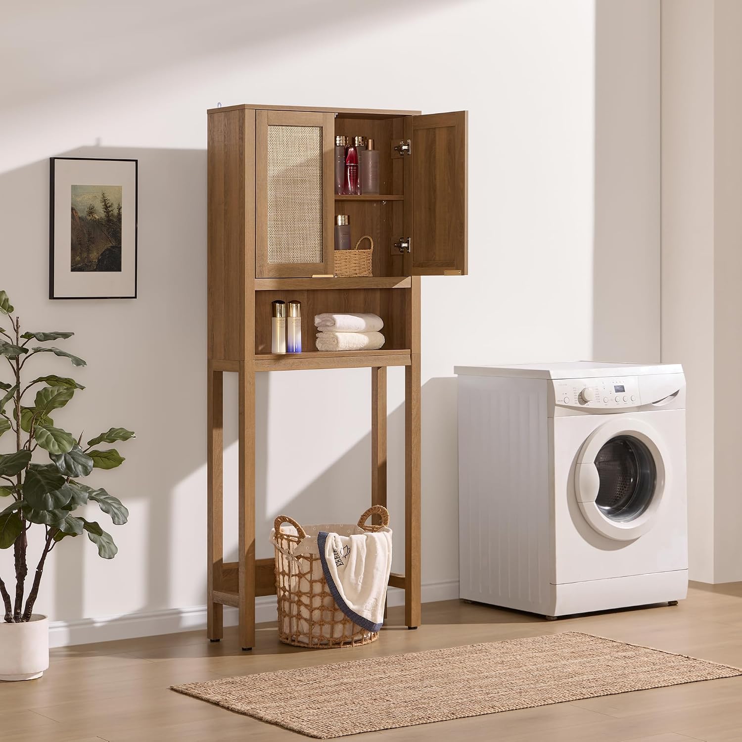 SICOTAS Over the Toilet Storage Cabinet with items inside
