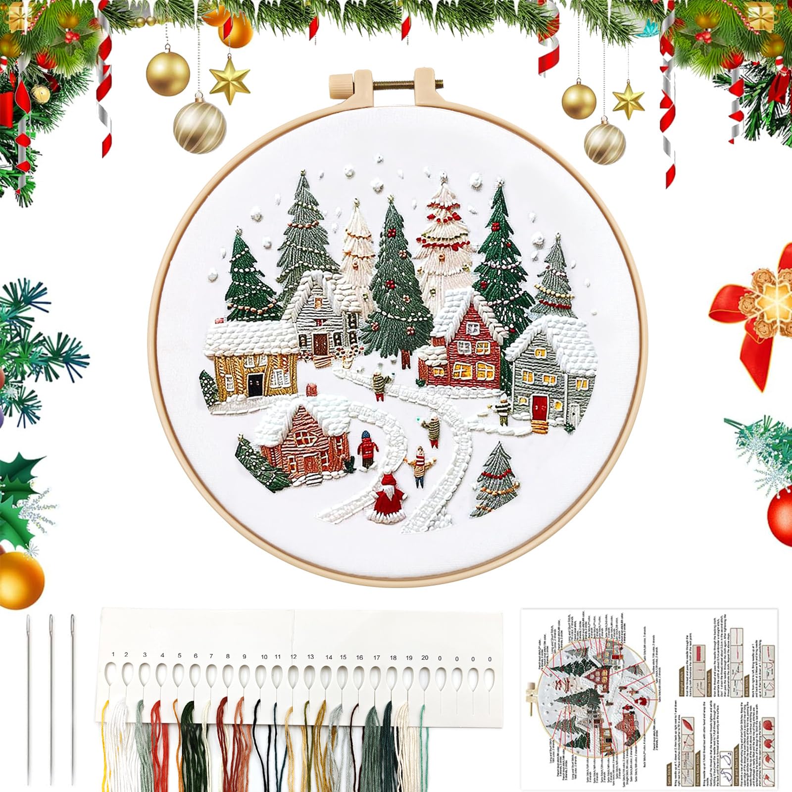 KUAOWT Christmas Embroidery Kit, DIY Crafts, Xmas Cross Stitch Starter Kit with Stamped Cloth, Embroidery Hoop, Needles, Color Threads, Instructions for Adults & Kids