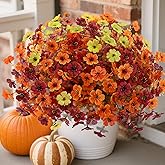 12 Bundles Artificial Fall Flowers Faux Mums for Outdoor Indoor, Artificial Plants Daisy Faux Plants Fake Mums for Fall Decor Pots Patio Garden Porch Autumn (Orange๏ผBrown๏ผYellow) (12)