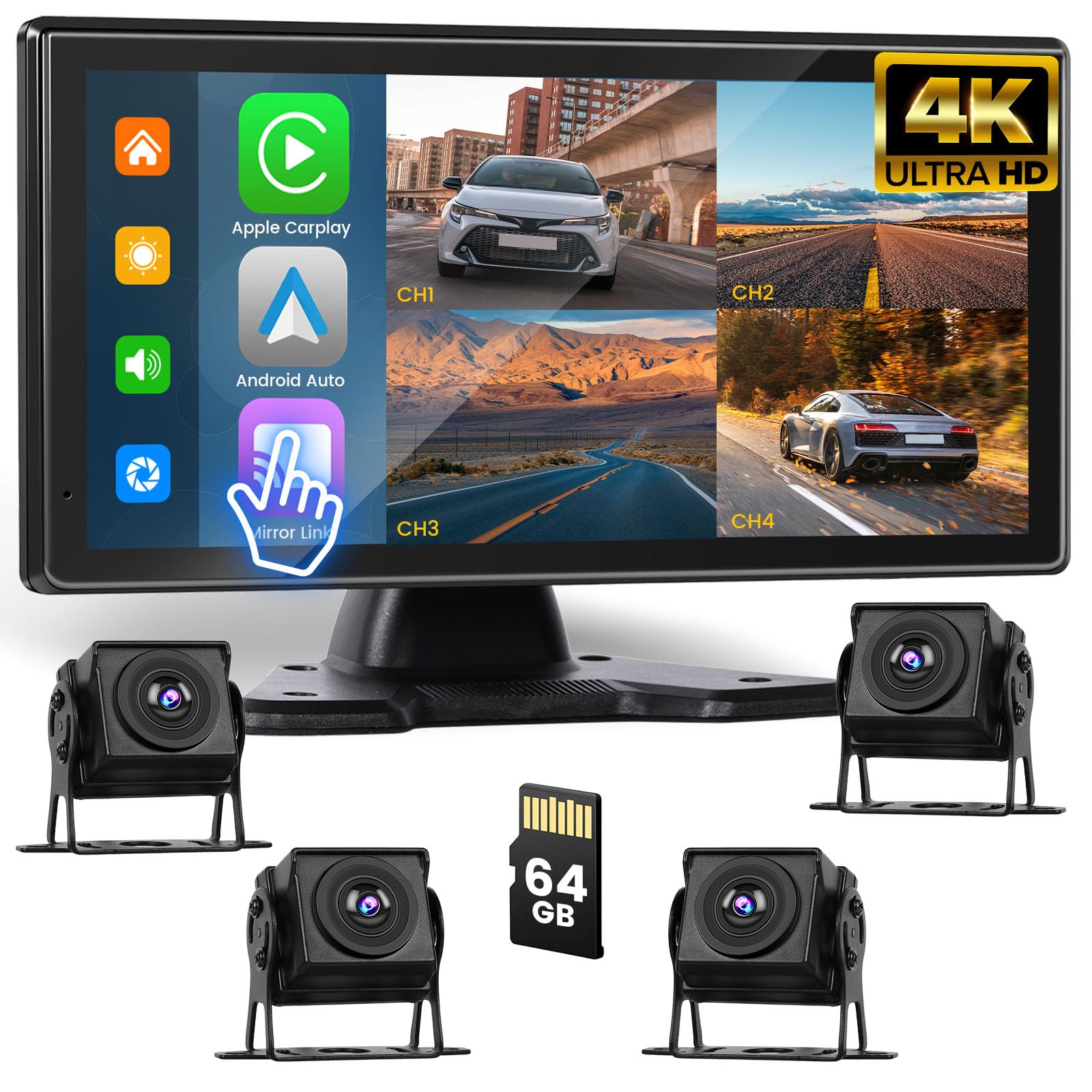 Photo 1 of [Free 64G TF Card] 4K RV Backup Camera System, 10.36'' Reverse Camera Monitor Kit with Wireless Carplay Android Auto BT WiFi Video 24H Parking Weatherproof 4Pcs 1080P Rear View Camera for Truck