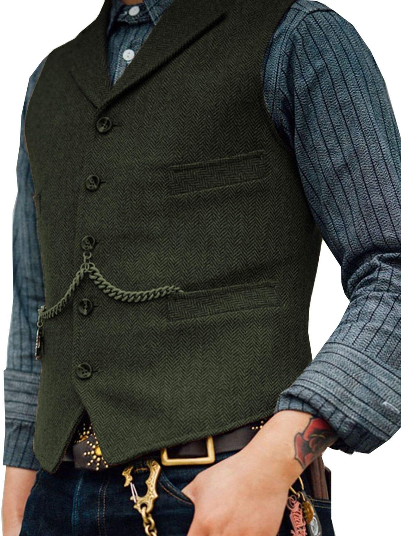 Men's Formal Business Herringbone Suit Vest Wool/Tweed Notch Notch Lapel Waistcoat