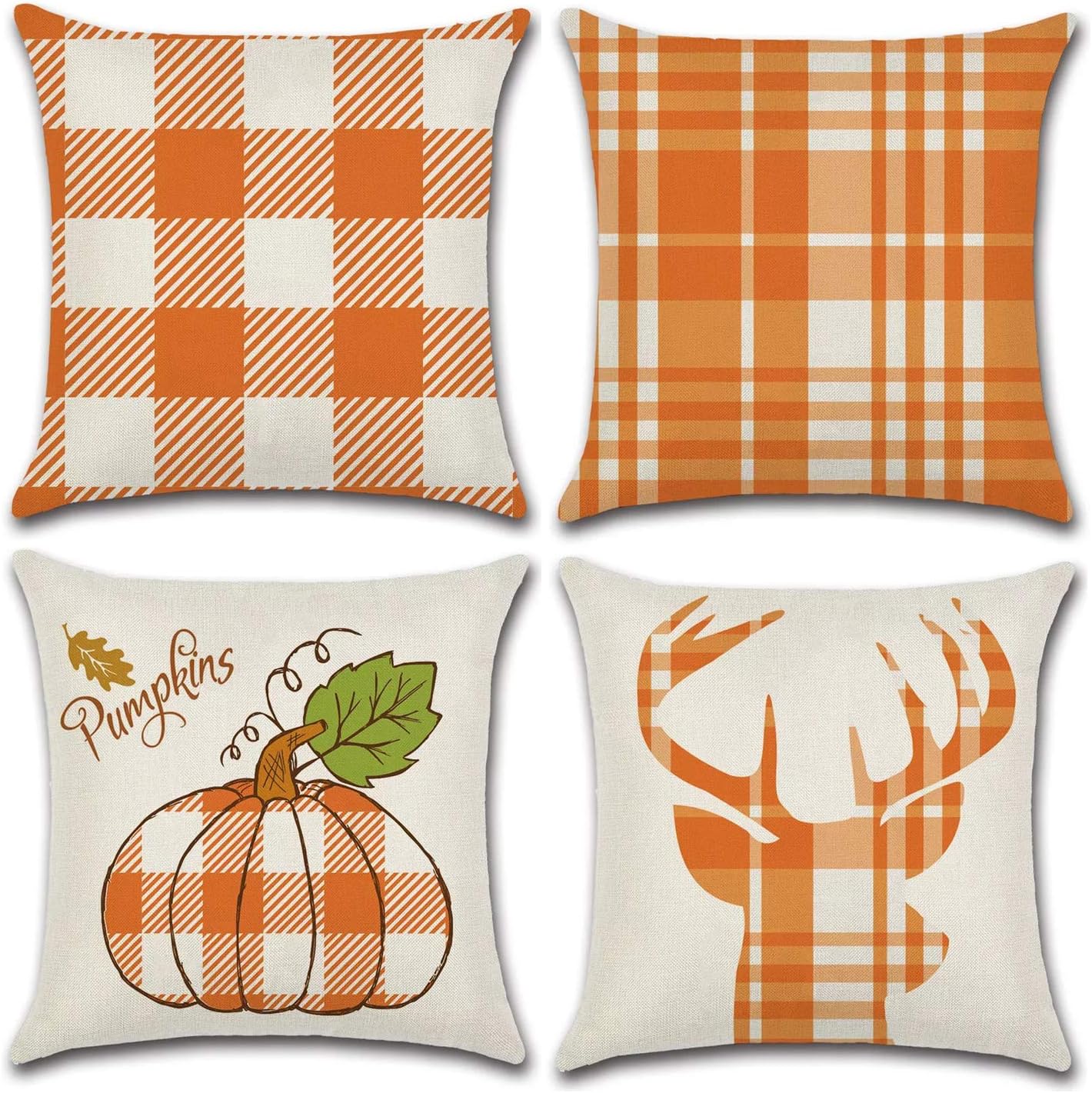 JOJUSIS Thanksgiving Fall Throw Pillow Covers Decorative Pillowcases 18 x 18 Inch Set of 4 Pumpkin Dear Buffalo Check Autumn Orange