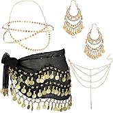 4 Pcs Belly Dance Hip Scarf Accessories for Women, Gypsy Costume Fortune Teller Outfit with Coin Headpiece Earring Bracelet