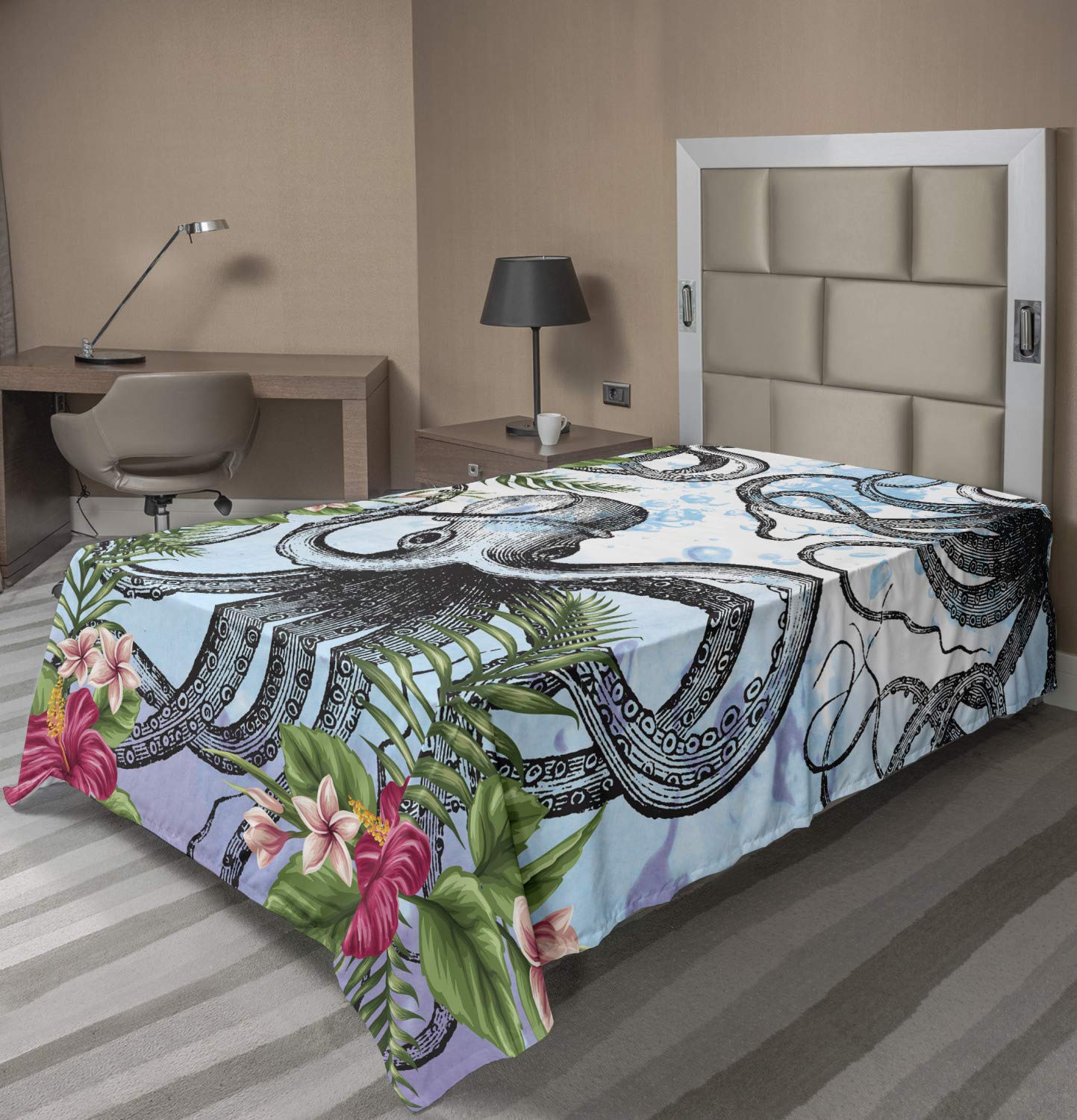 Ambesonne Exotic Flat Sheet, Outline Octopus with