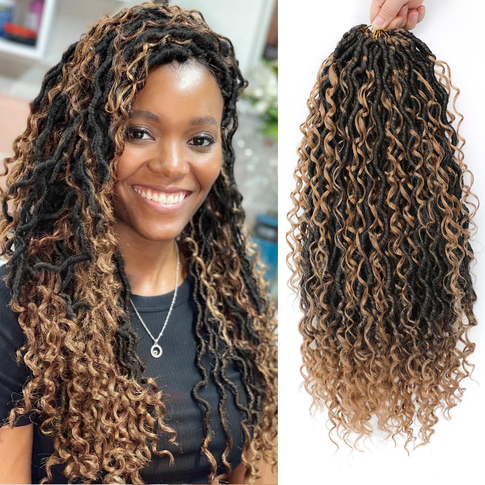Photo 1 of 8 Packs Goddess Faux Locs Crochet Hair for Black Women, Long Goddess Locs Crochet Hair, Boho Style, River Locs with Curly Ends (18Inch, OT27#, 8Packs)