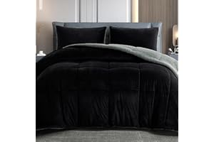 BEDHOURS Queen Comforter Set Micromink Sherpa Comforter 3 Piece Ultra Soft Plush Down Alternative Bedding Set Reversible Comforter + 2 Pillowcases Winter Warm (Black Queen)