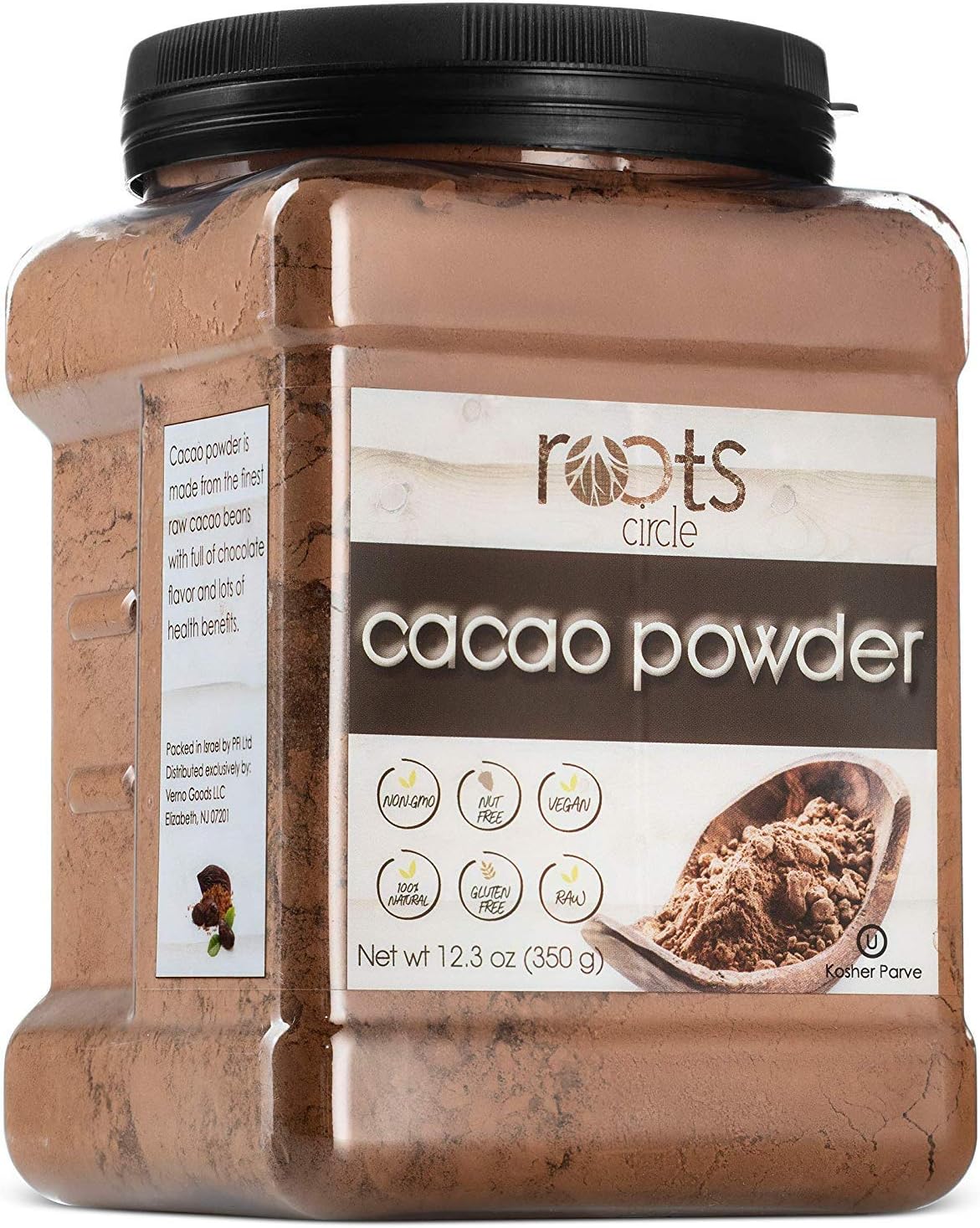 Roots Circle Raw Cacao Powder | Delicious Crushed Cacao Beans Superfood Is A Great Sugar-Free Substitute for Chocolate | Paleo, Keto, Vegan, Nut-Free, Non-GMO & Gluten Free | 12.3-oz