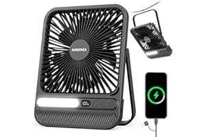 AURATHEA 10000mAh Travel Fan, 7“ Portable Desk Fan, Ultra-thin Rechargeable Camping Fan with LED Light, Display, Timer for Ca