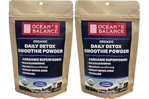 OCEAN'S BALANCE CLEAN TASTE OF MAINE Ocean's Balance Daily Detox Smoothie Powder – Organic Blend with Blueberry, Spirulina, Dulse Seaweed & Barley Grass – Nutrient-Rich Superfood Smoothie Mix (4 oz - 2 Pack)