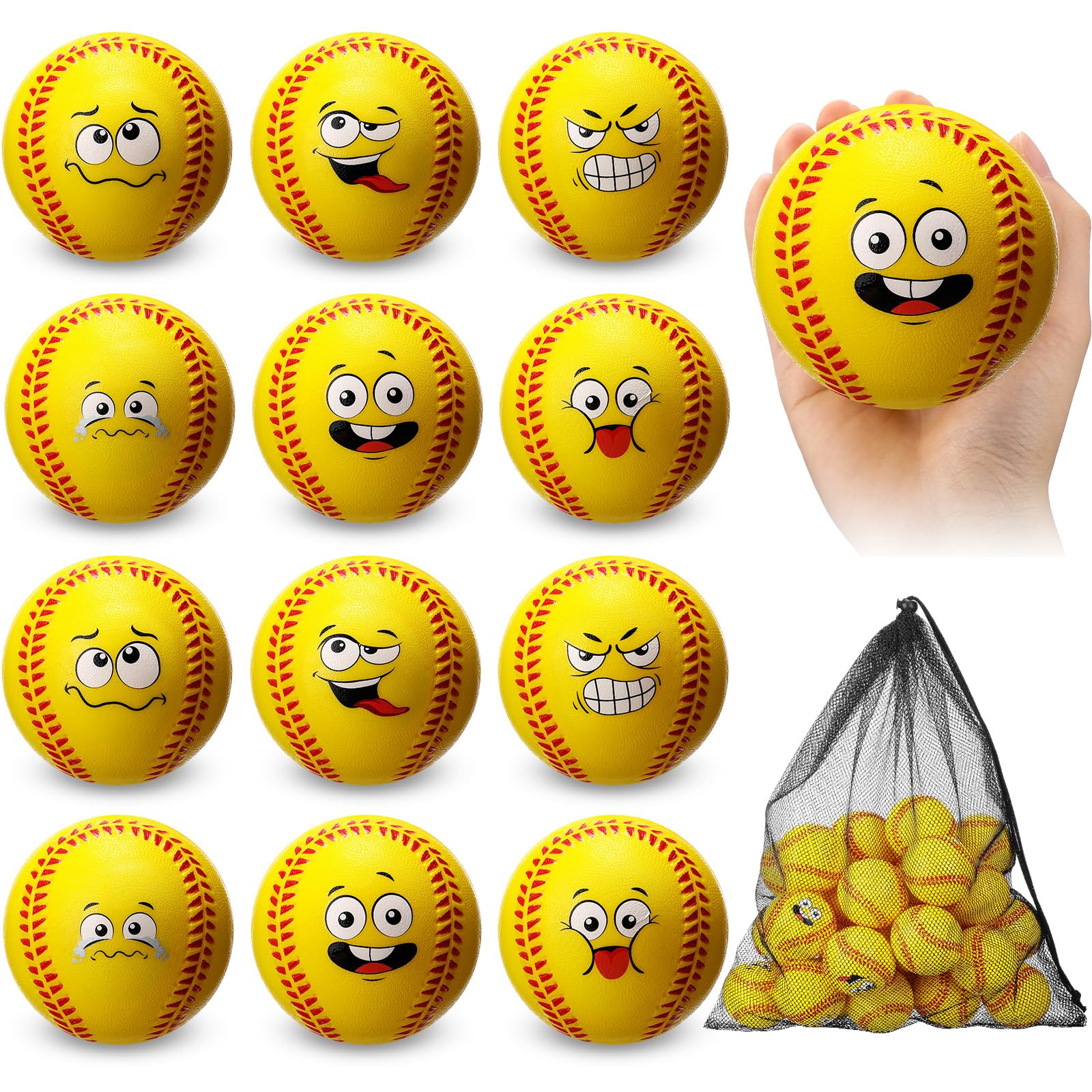 Photo 1 of Blulu 12 Pcs Foam Softball Balls 11 Inch Soft Softball Practice Training Balls with Mesh Bags Stretchy Emotion Face Anxiety Stress Relief Toys for Kids Boys Girls Indoor Outdoor Practice Gifts